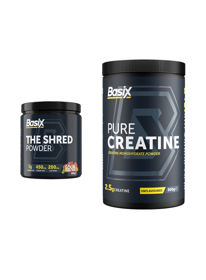 Basix Exclusive Bunde Offer - Basix The Shred Powder - Sour Gummy Bear 300G and Pure Creatine Unflavored 500 Gm - Image 1